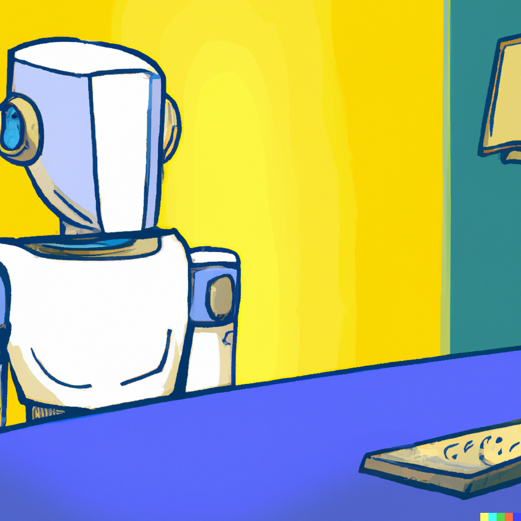robot sitting at a colorful desk